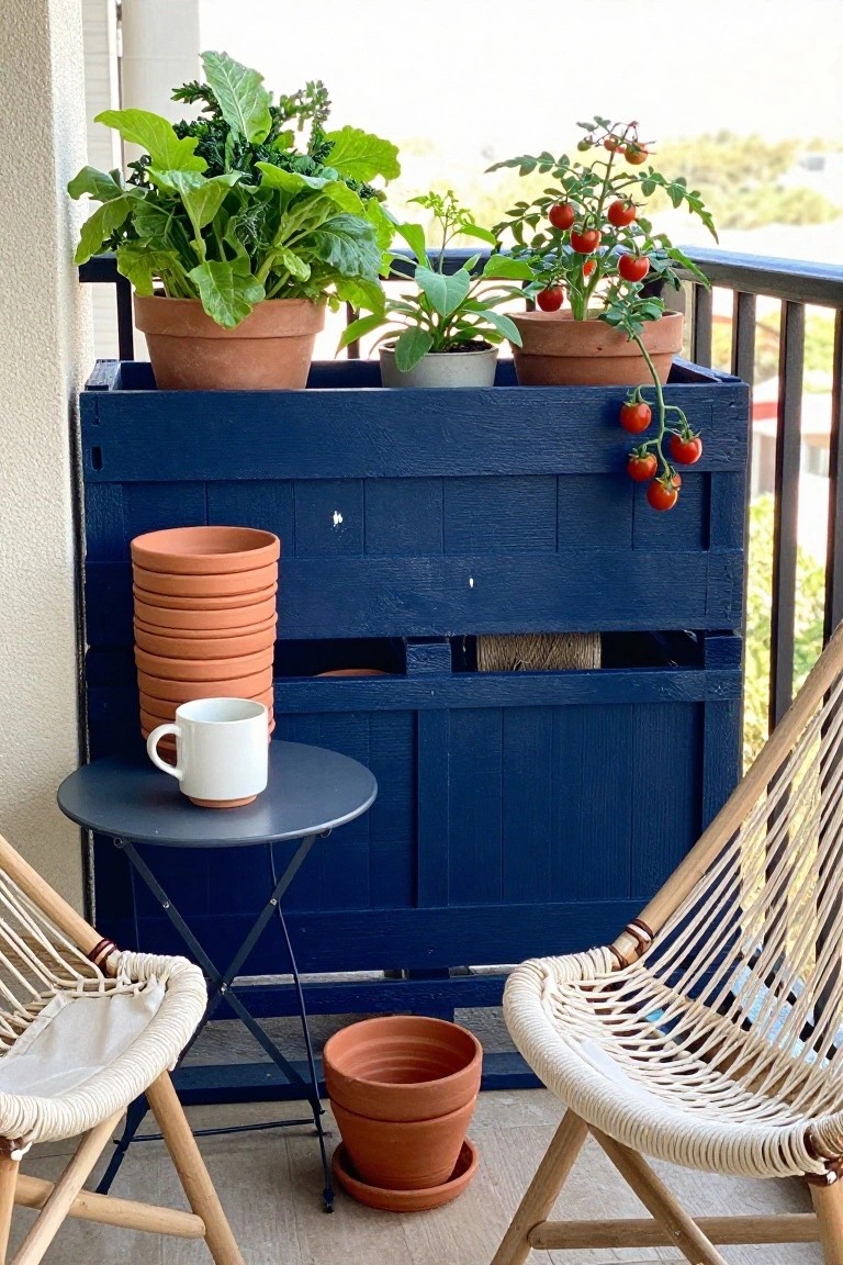 A blue painted wooden pallet holds several terracotta pots with tomato plants and leafy greens on a balcony between two woven chairs.
