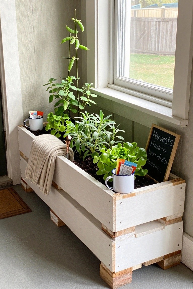 A white painted wooden pallet used as a planter box with vegetable plants growing in soil, placed indoors next to a window.