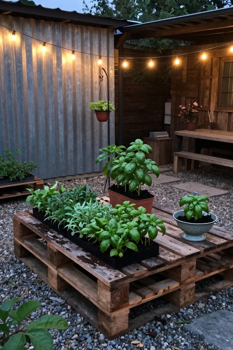 Wooden pallets with basil plants and herbs under string lights in backyard garden