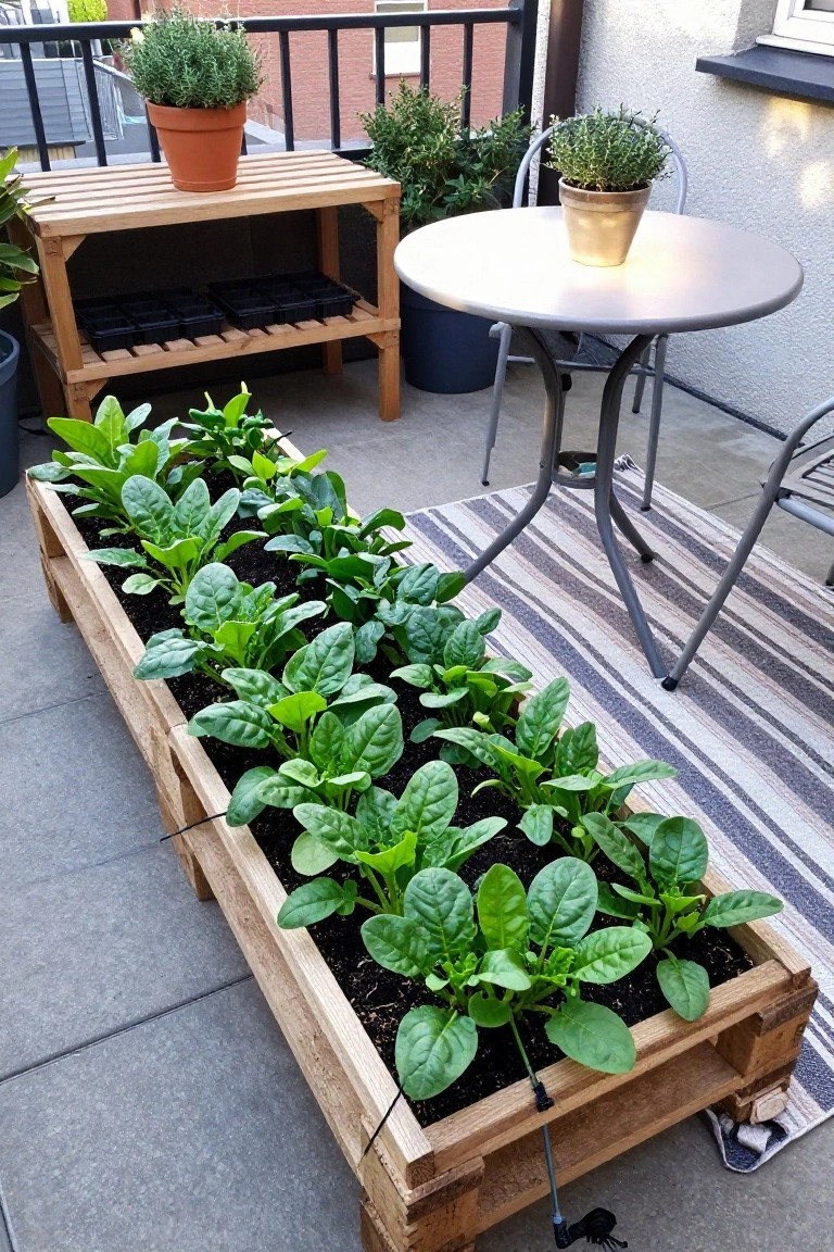A long wooden pallet planter filled with leafy green vegetables rests on a striped rug on a concrete balcony beside a round metal table.