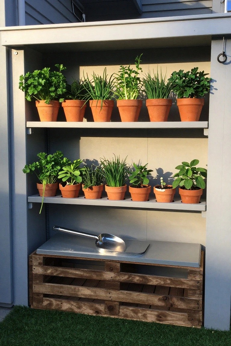 A wooden pallet holds two metal shelves lined with terracotta pots of herbs and greens, with a metal scoop resting on the lower shelf.