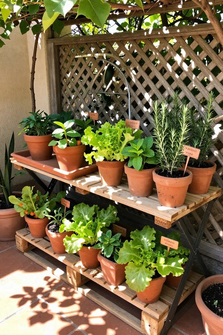 Wooden pallets used as multi-level shelves holding terracotta pots of leafy vegetables and herbs outdoors.