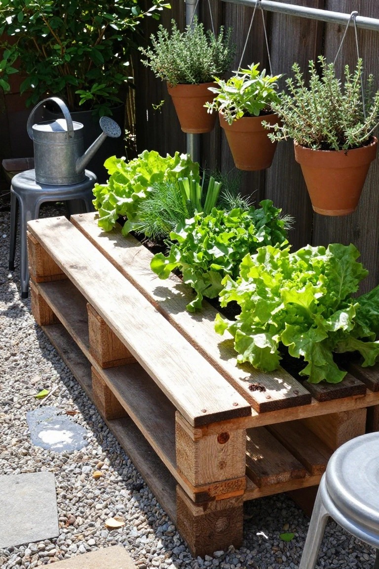 A wooden pallet structure used as a raised bed growing rows of leafy green vegetables outdoors on gravel.