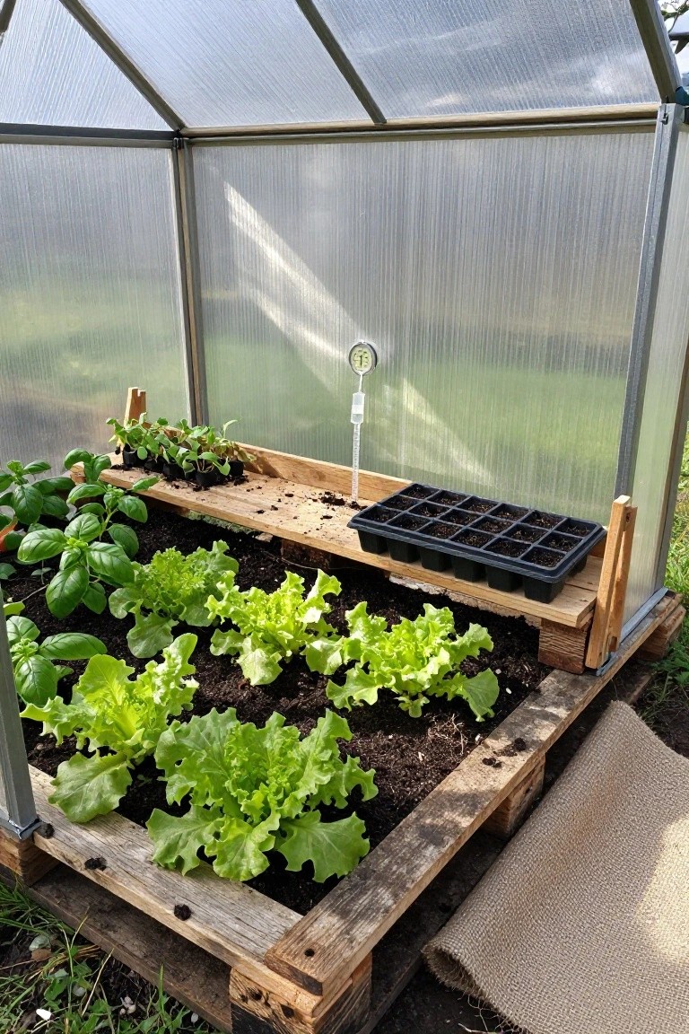 Wooden pallet raised bed with lettuce and basil growing in soil inside a greenhouse, with seedling trays on a pallet shelf.