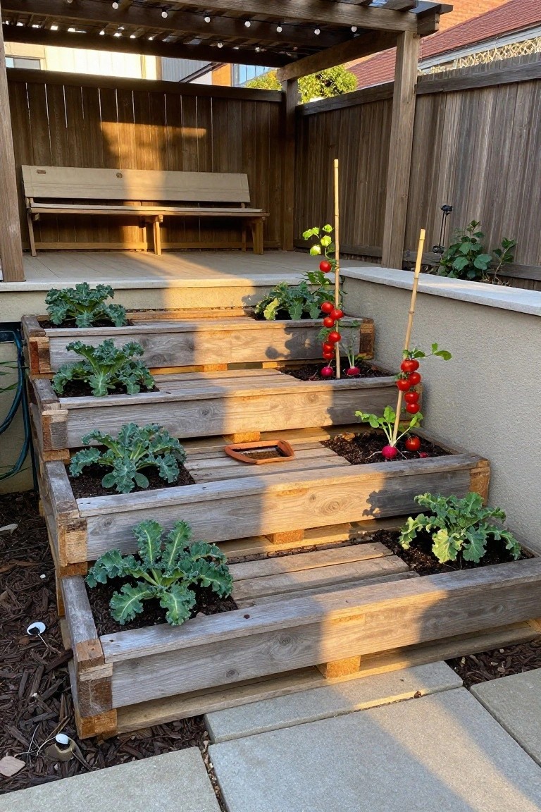 Tiered wooden pallet planters with kale and tomato plants in a backyard garden.