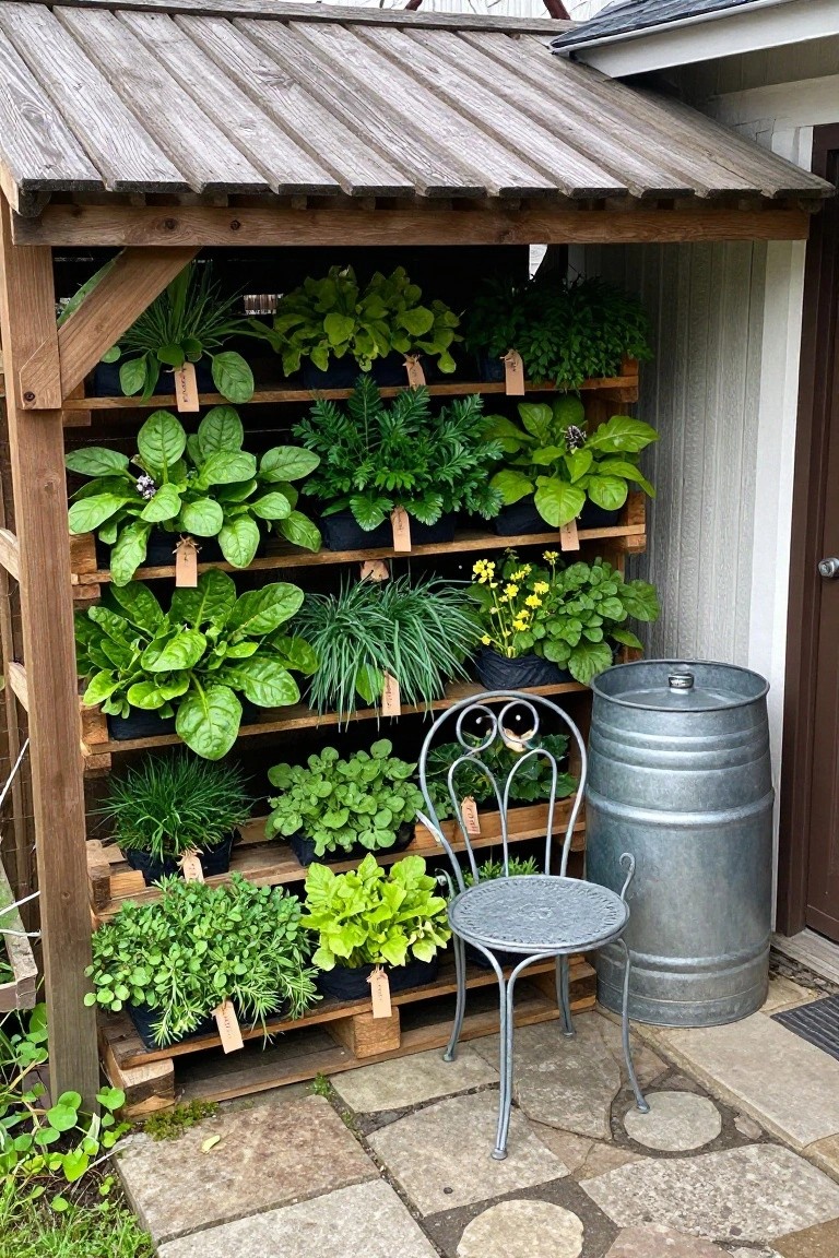 A wooden pallet shelving unit filled with potted vegetable plants stands outdoors beside a metal chair and a large barrel.