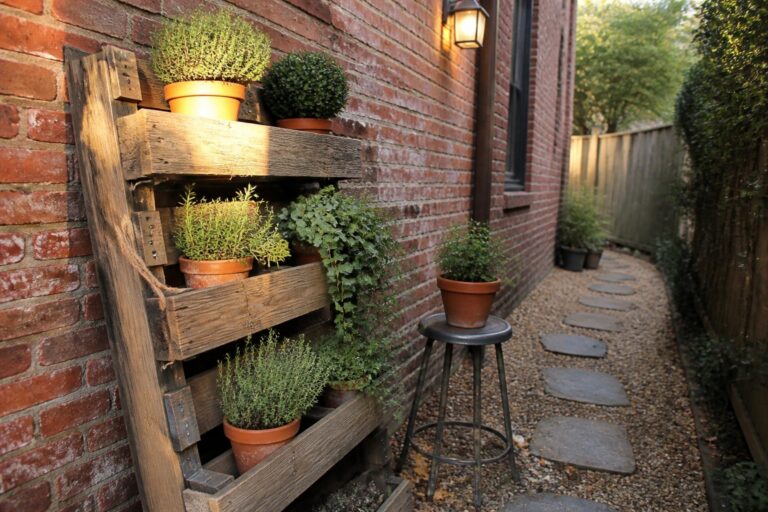 21 Space-Saving Vertical Pallet Planter Ideas for Narrow Gardens A wooden pallet fitted with multiple terracotta pots of green plants leans against a brick wall next to a gravel path with stepping stones.