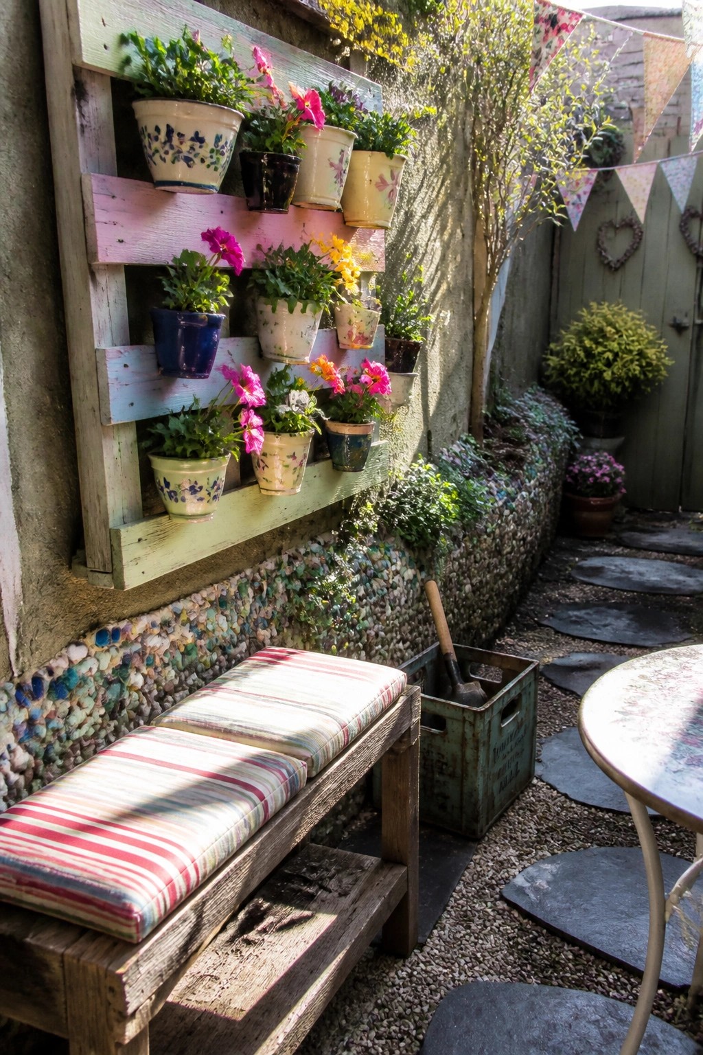 Rustic garden with colorful pallet planter, striped bench, and stone path