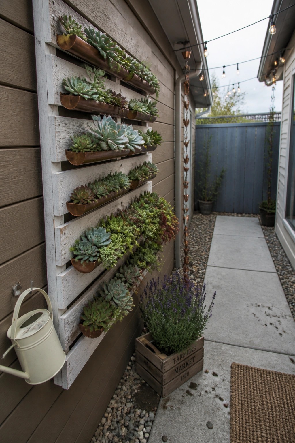 A wooden pallet mounted on a house wall holds rows of succulents in metal troughs next to a narrow concrete path.