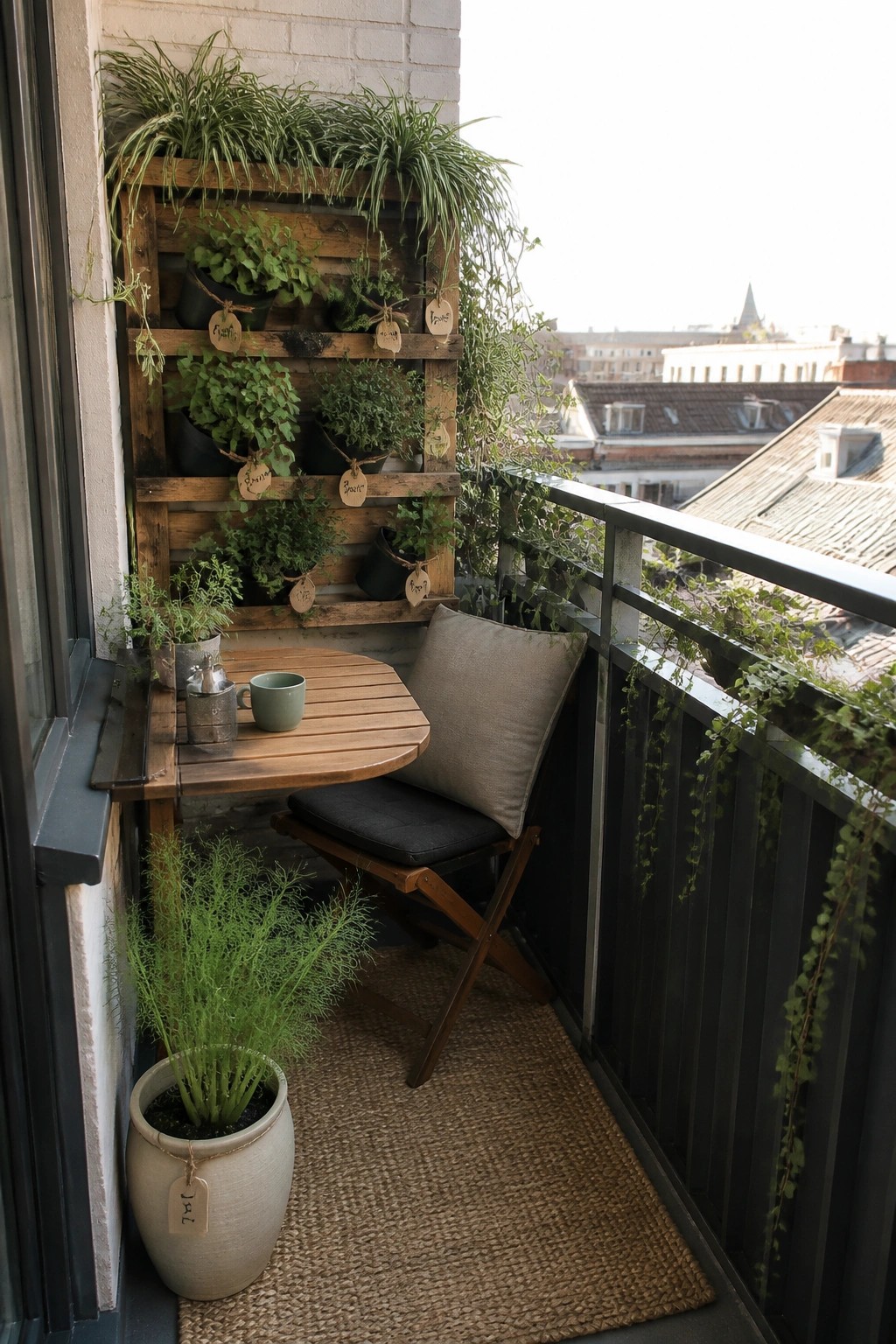 A wooden pallet planter mounted on a balcony wall holds multiple potted herbs and trailing plants above a small round table and folding chair.