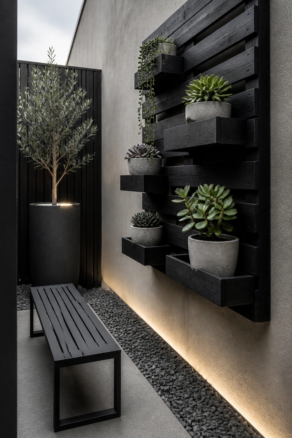 Modern courtyard with black bench, vertical succulent wall, and illuminated potted tree.