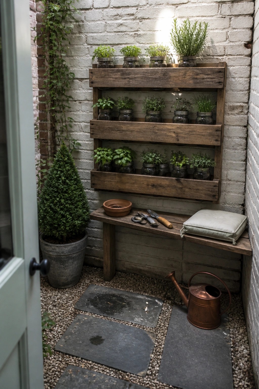 Wooden shelves mounted on a white brick wall hold mason jars filled with herbs above a narrow gravel path with stone pavers.