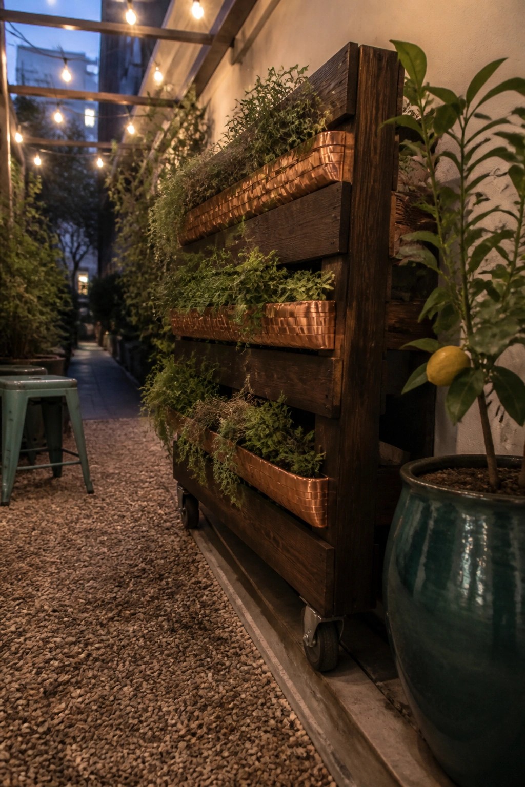 Rustic wooden pallet vertical planter with copper accents on wheels beside lemon tree pot