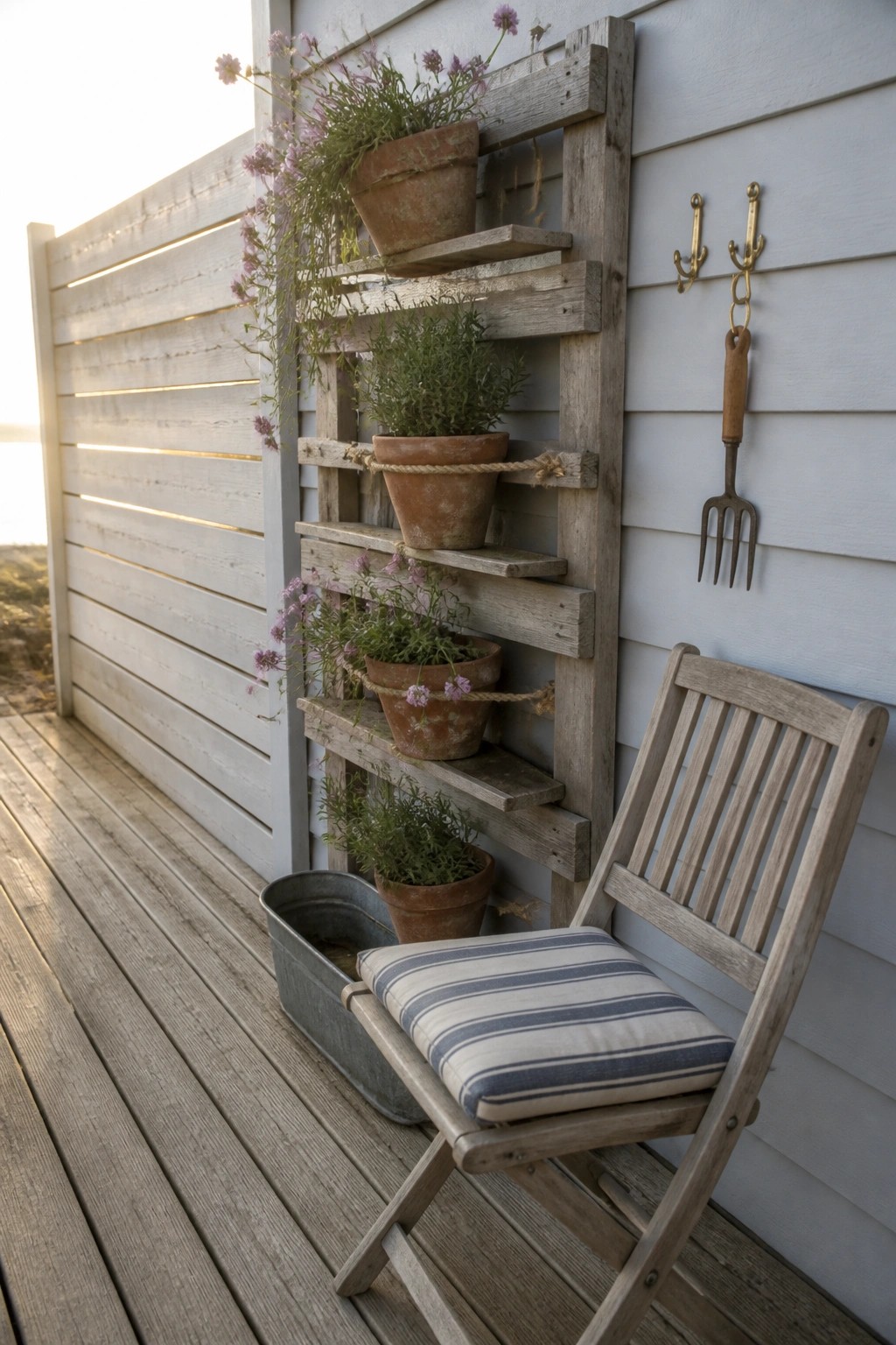 Wooden pallet shelf with potted flowers on white wall beside striped chair on deck