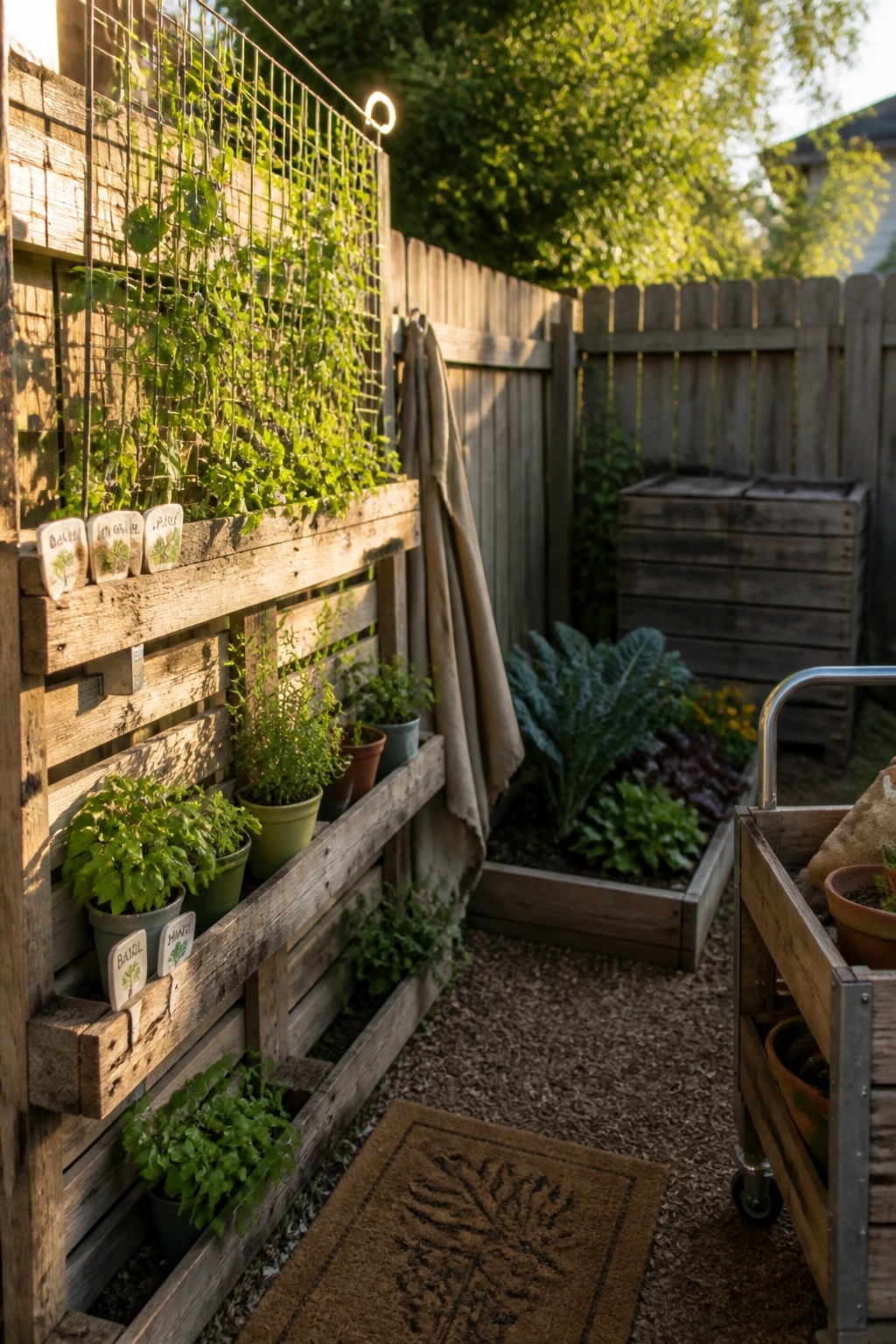 A wooden pallet planter mounted on a fence displays labeled herb pots and climbing vines beside a gravel path and raised garden beds.