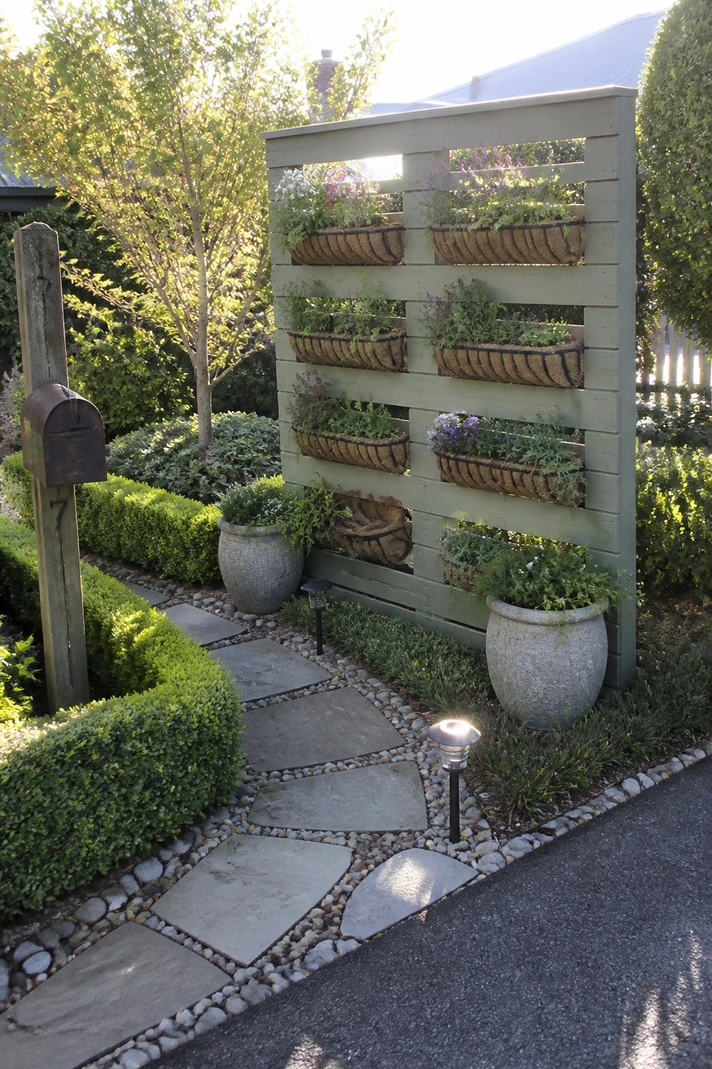 A green wooden vertical planter structure with several rows of basket-style planters stands beside a stone path in a garden.