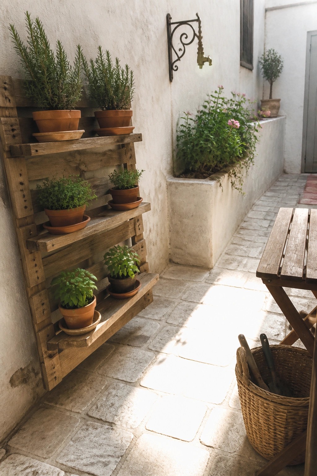 A wooden pallet mounted on a white wall holds multiple terracotta pots with green plants along a narrow stone-paved walkway.