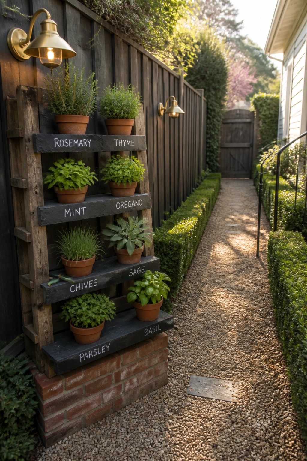 A wooden pallet planter mounted on a fence holds rows of potted herbs with labeled slate signs next to a gravel garden path.