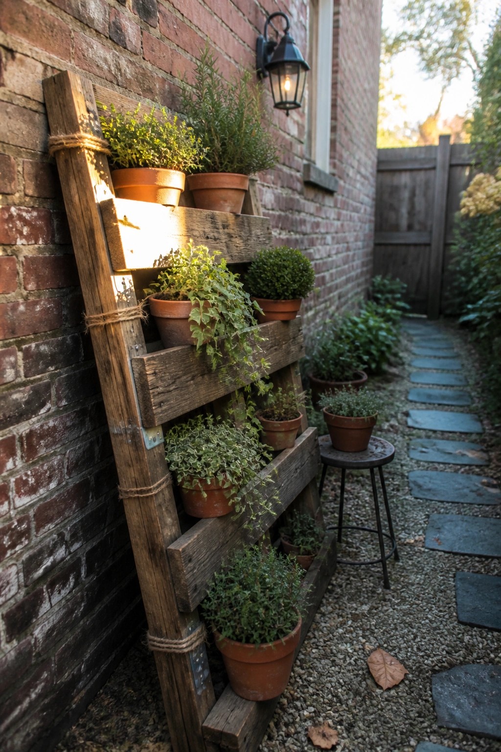 A wooden pallet fitted with multiple terracotta pots of green plants leans against a brick wall next to a gravel path with stepping stones.