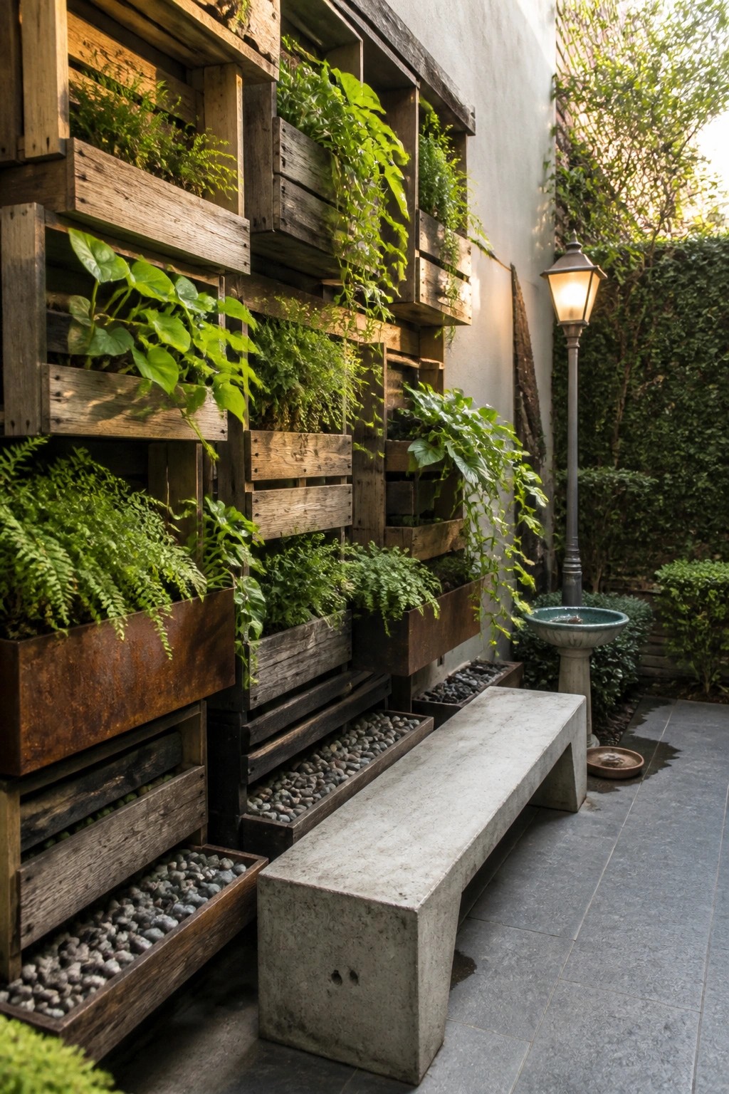 A narrow outdoor space with a tall wall covered in stacked wooden pallet planters filled with ferns and leafy plants, next to a concrete bench.