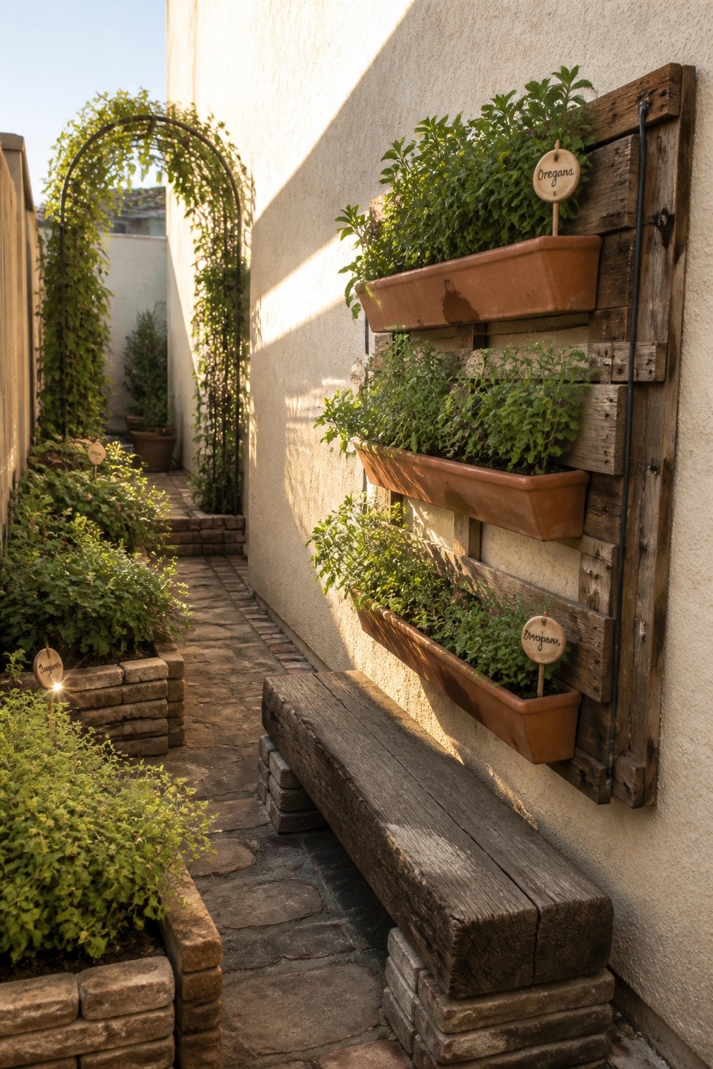 A narrow stone path in a garden with a vertical wooden pallet planter mounted on a stucco wall holding three terracotta pots of herbs and a wooden bench below.