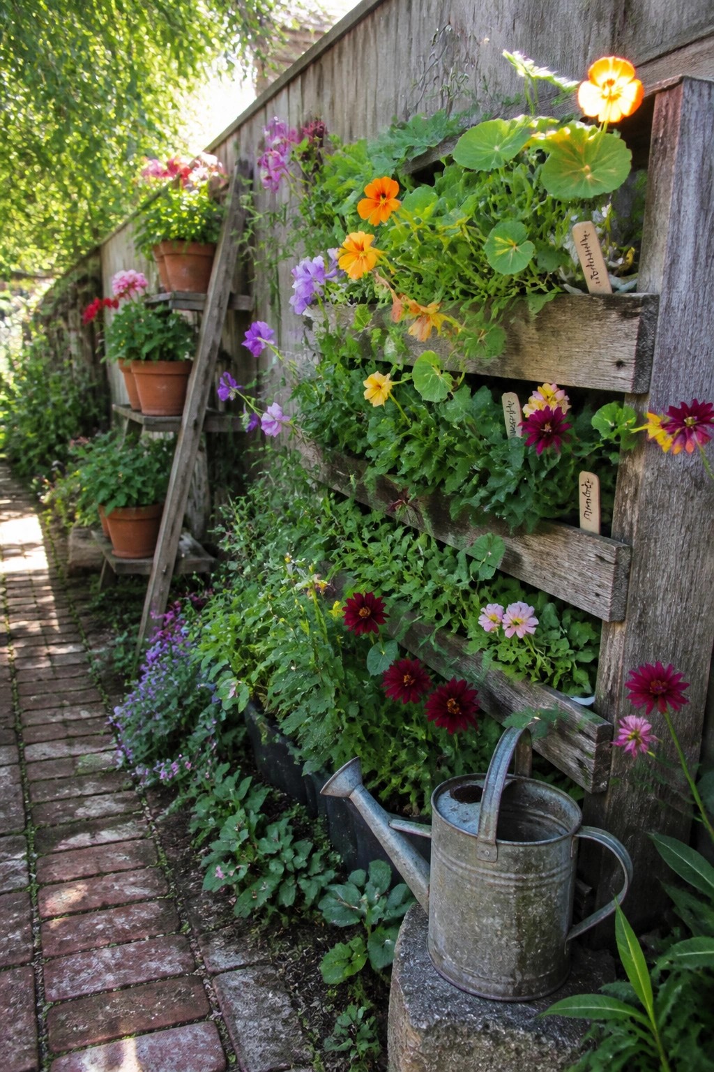 A wooden pallet mounted vertically on a fence is filled with green plants and colorful flowers, next to a brick path and a metal watering can resting on a stone.