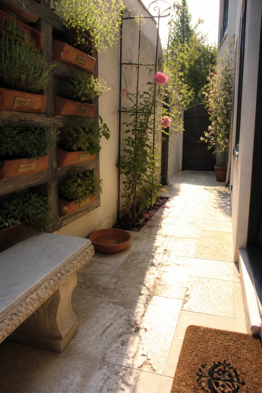 Sunny stone patio with vertical herb garden wall, pink roses on trellis, and bench