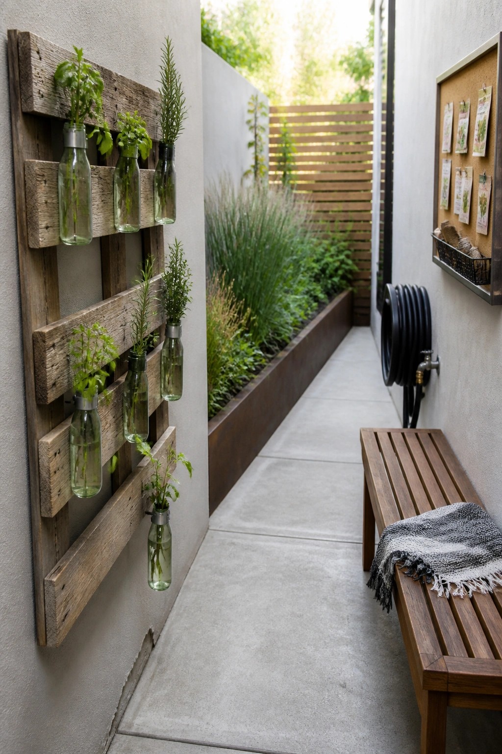 A wooden pallet mounted on a wall holds glass bottles with plants along a narrow concrete garden path.