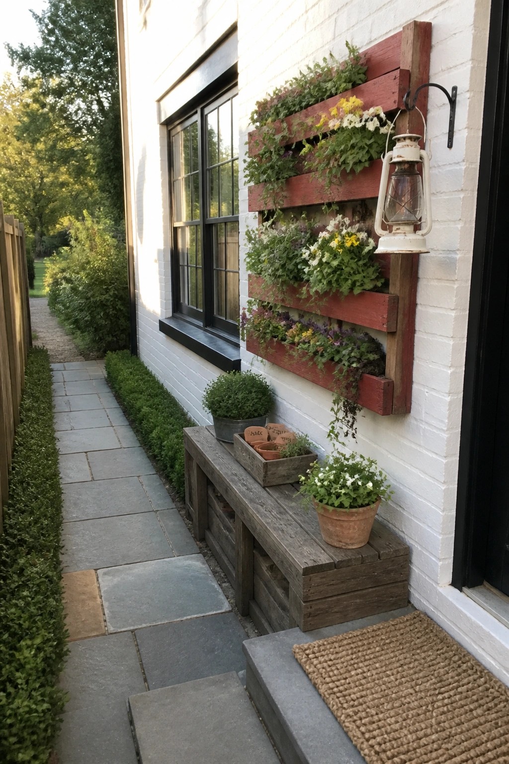 A red wooden pallet planter filled with flowers mounted on a white brick wall next to a stone path.