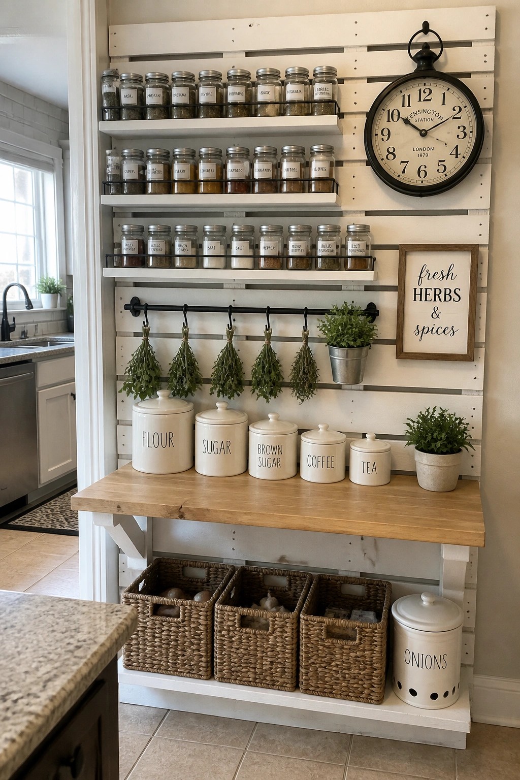 A white painted pallet wall in a kitchen features three levels of black wire shelves holding labeled spice jars, a row of hooks with hanging dried herbs, a wooden countertop with ceramic canisters, and potted plants.