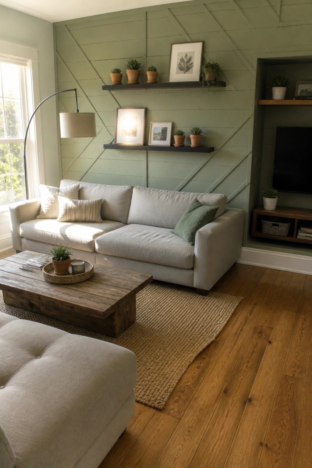 A living room with a sage green accent wall featuring a geometric wood plank pattern, floating shelves holding potted plants and framed pictures, a light gray sofa, wooden coffee table, and jute rug.