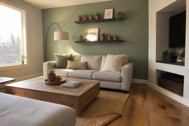 22 Artistic Pallet Wall Decor Ideas for Large Blank Walls A living room with a sage green accent wall featuring a geometric wood plank pattern, floating shelves holding potted plants and framed pictures, a light gray sofa, wooden coffee table, and jute rug.