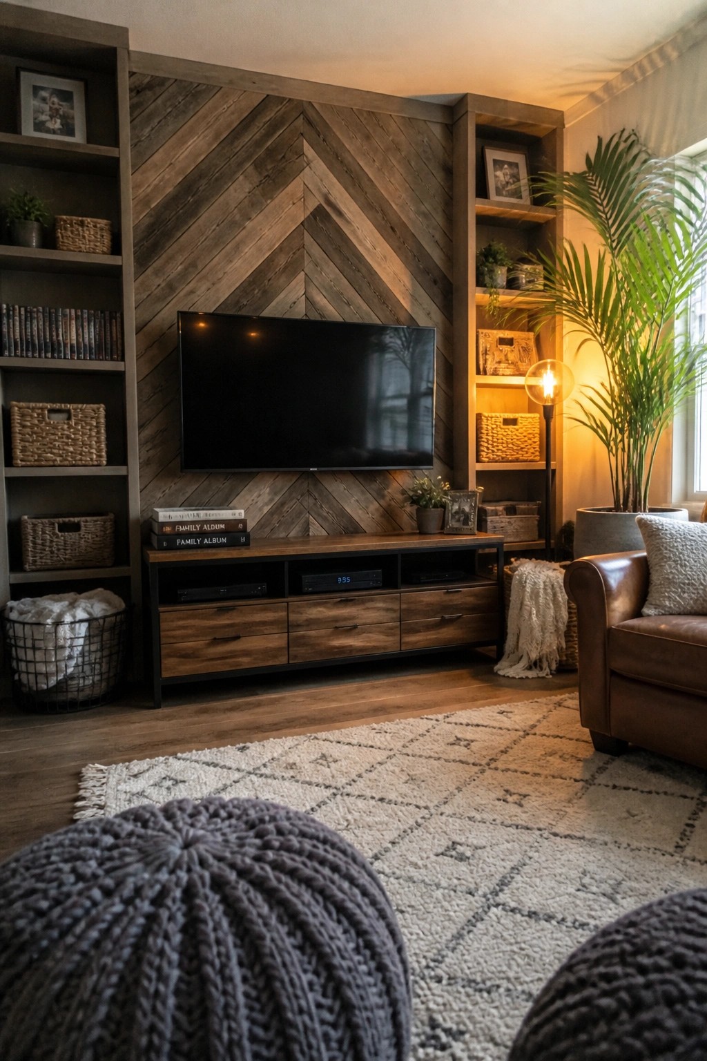 A living room with a large herringbone wood accent wall behind a TV, flanked by built-in shelves and a media console below.