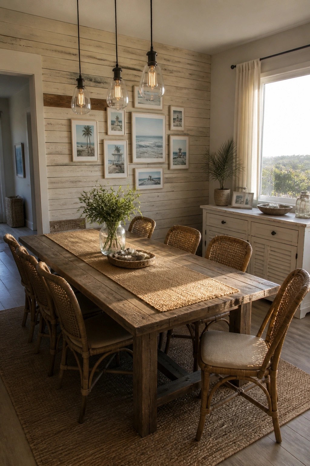 A dining room featuring a long wooden table with woven chairs on a jute rug, and a large wall covered in horizontal light wood planks displaying multiple framed coastal photographs.