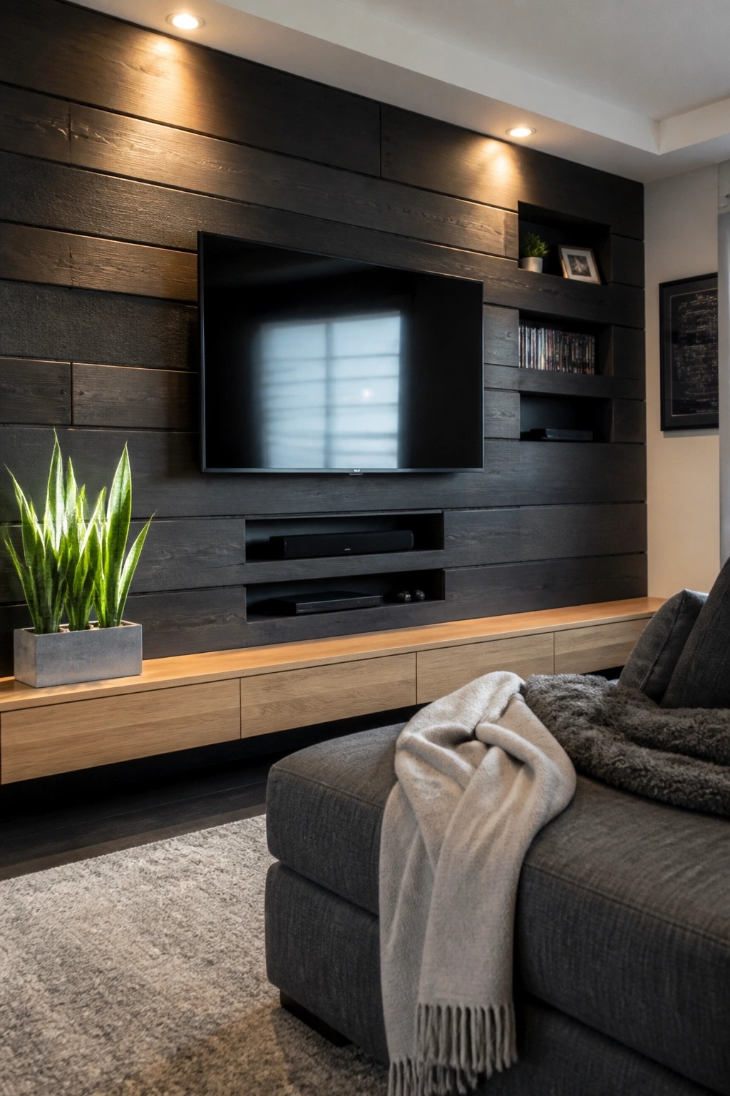 A modern living room with a dark horizontal wood plank accent wall behind a wall-mounted television and recessed media shelves.