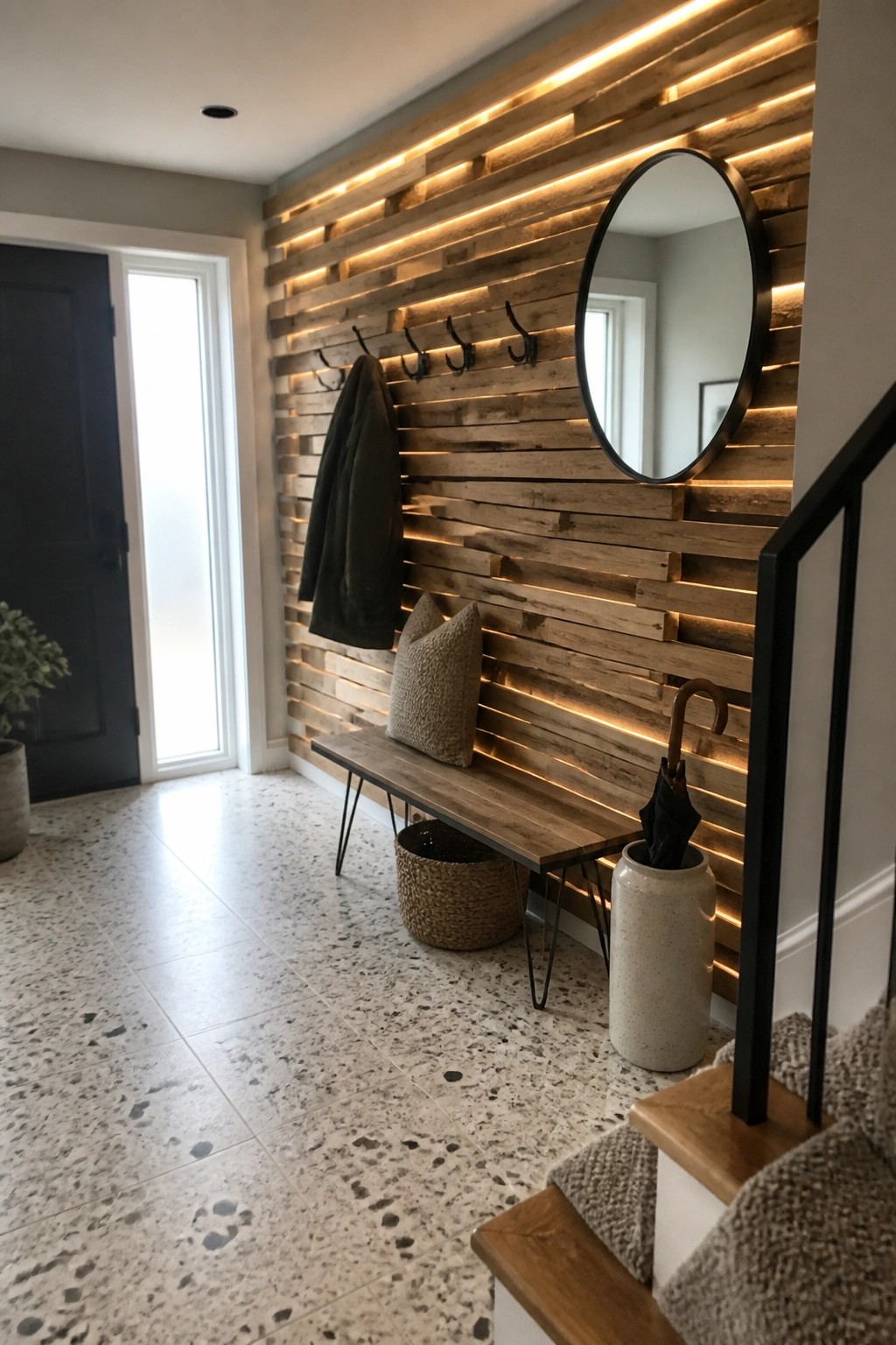An interior entryway wall covered in horizontal wooden slats with warm backlighting, black hooks, a wooden bench, round mirror, and storage items on a terrazzo floor.