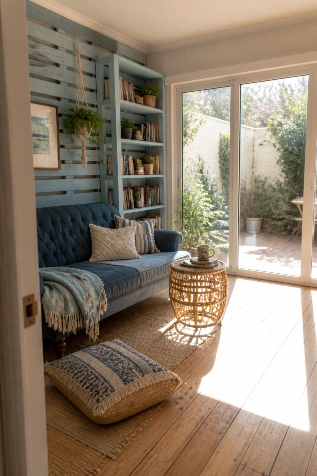 A blue painted pallet wall with built-in shelves holding books and plants next to a blue sofa in a bright room.