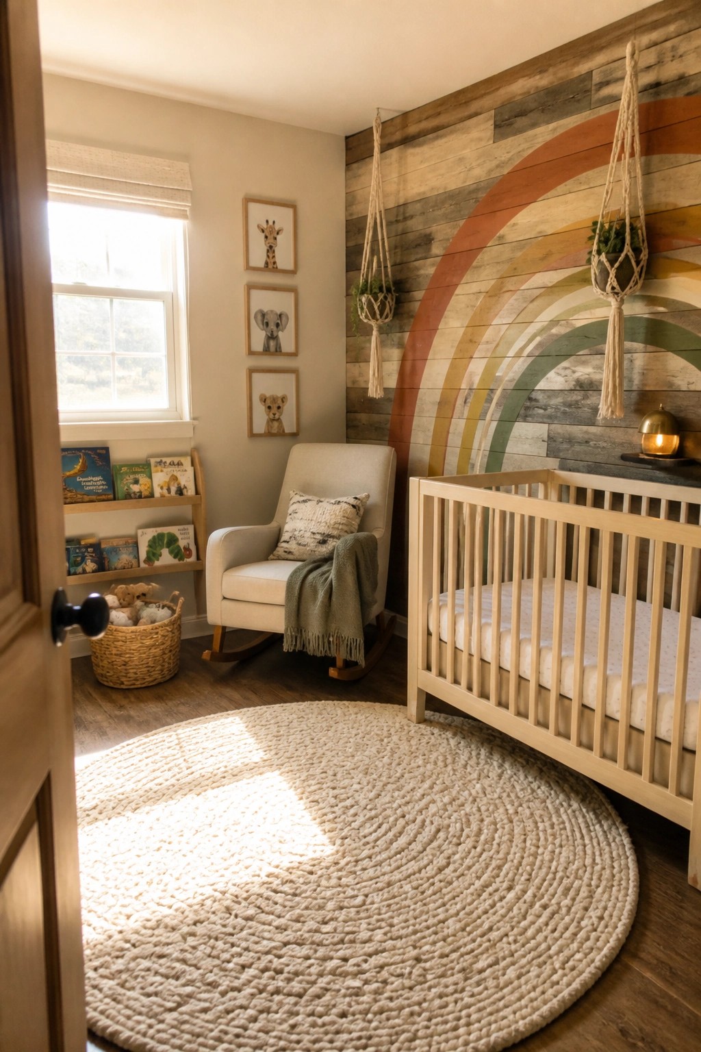 A nursery interior with a reclaimed wood wall painted with a large rainbow arch, a light wood crib, a rocking chair, and a round woven rug on dark flooring.