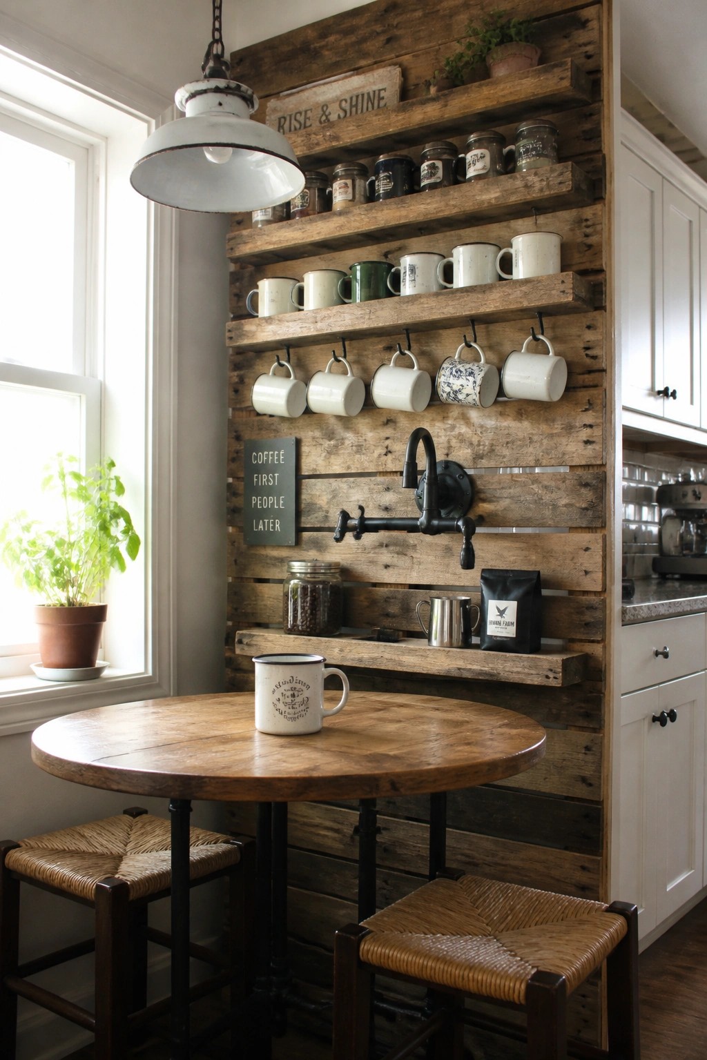 A reclaimed wood pallet wall in a kitchen corner holds white mugs on shelves and hooks, includes a mounted black faucet, and sits behind a round wooden table with two woven stools.