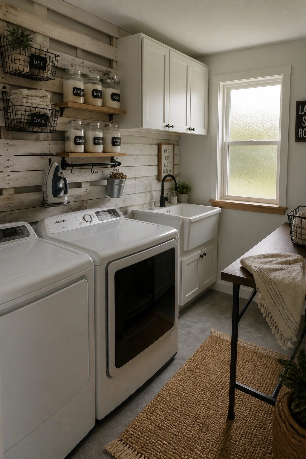 A laundry room with white washer and dryer, white cabinets, a farmhouse sink, and a wooden pallet accent wall holding labeled jars, wire baskets, and an iron.