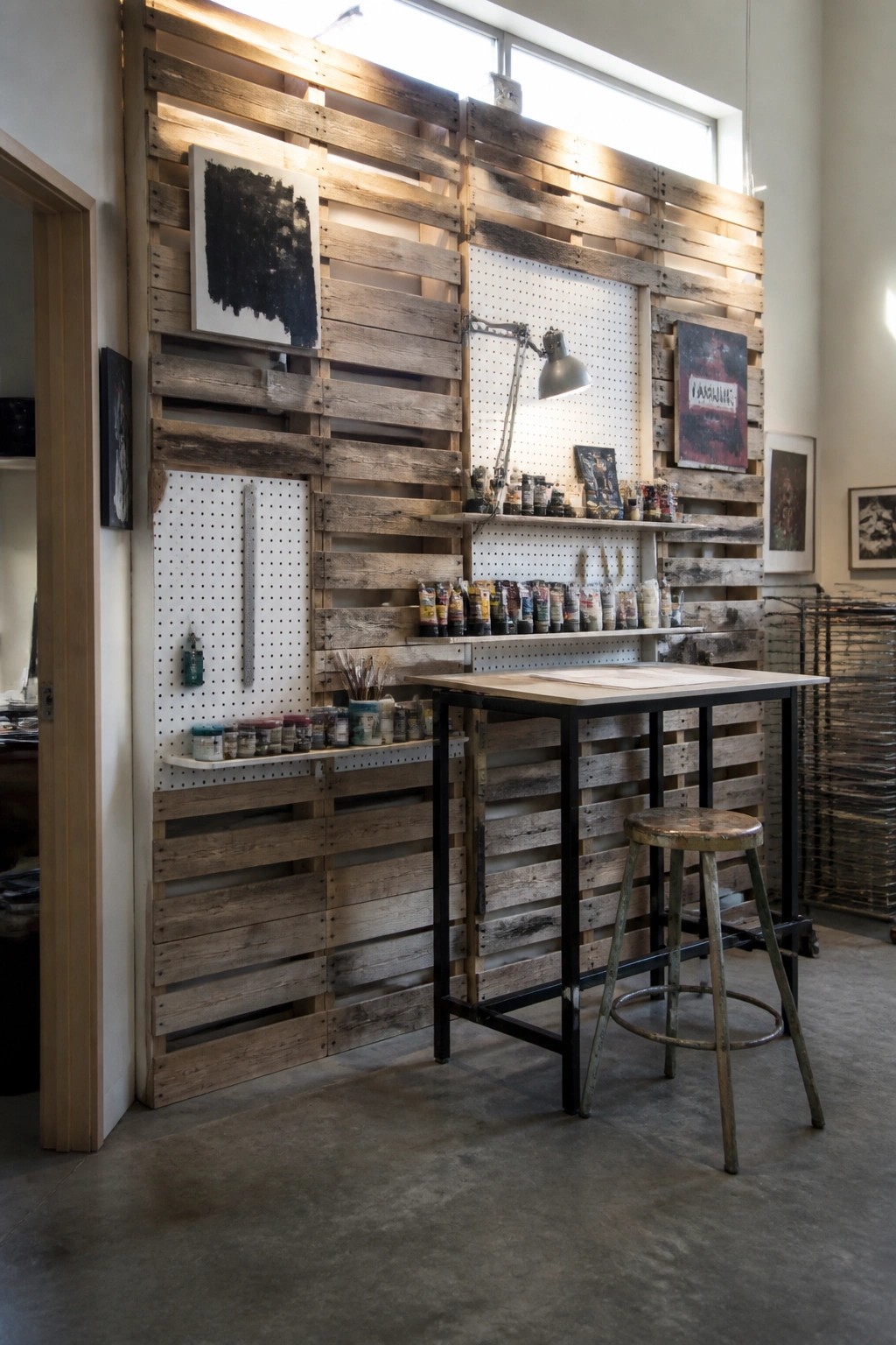An indoor art studio with a large wall built from reclaimed wooden pallets, white pegboard sections holding paint tubes and tools, a work table with a stool, and several paintings leaning against the wall.