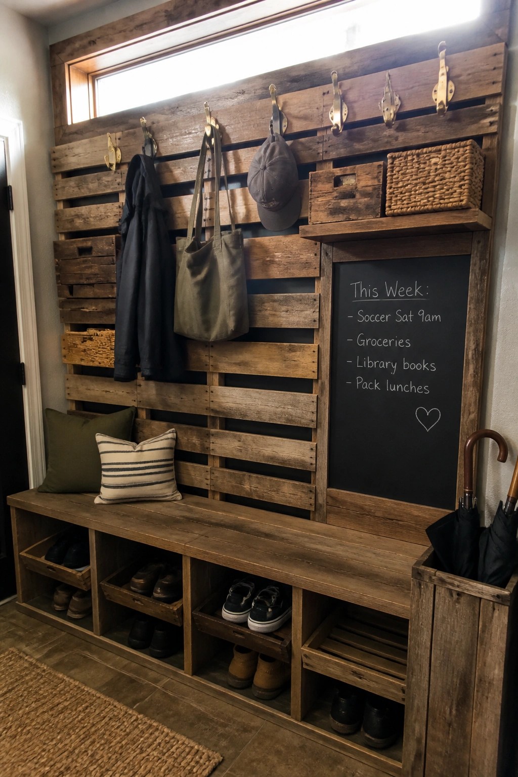 A reclaimed wood pallet wall in an entryway with hooks, a chalkboard panel, a long bench with shoe cubbies, and storage boxes on top.