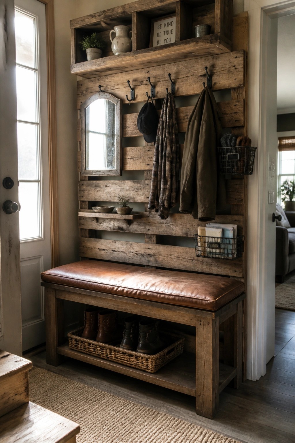 A reclaimed wood pallet wall in an entryway with black hooks holding coats and hats, a small mirror, and a wooden bench with shoe storage below.
