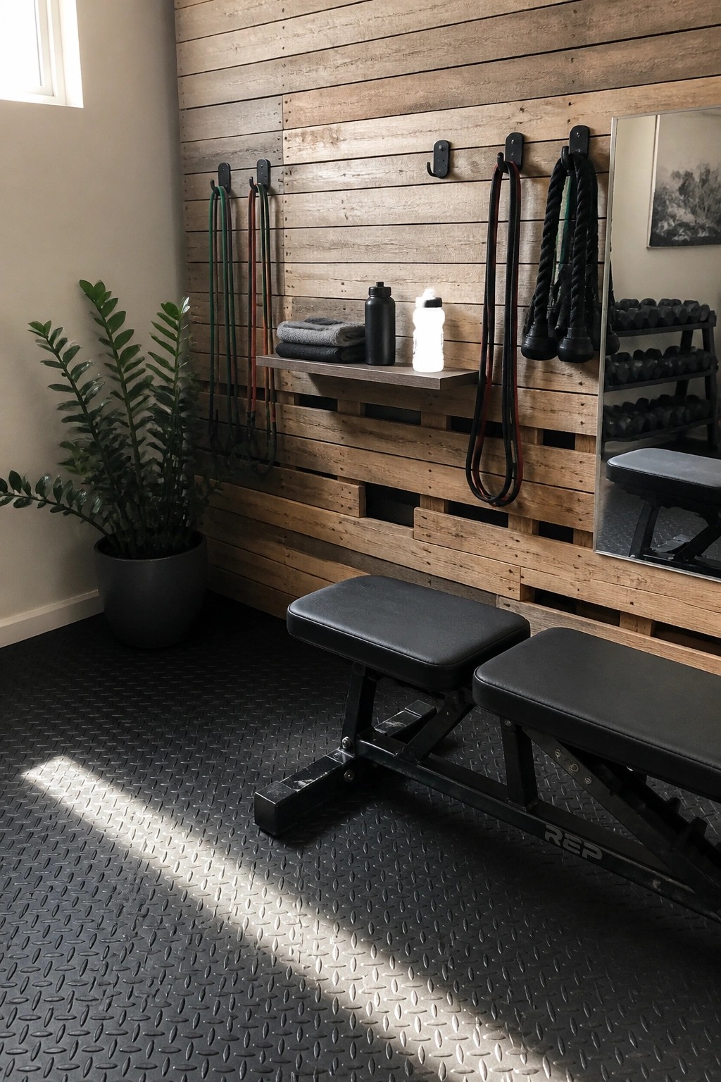 A home gym with a reclaimed wood pallet accent wall fitted with hooks holding resistance bands and ropes, a floating shelf with water bottles and towels, two black adjustable benches, and a large potted plant on a black rubber floor.