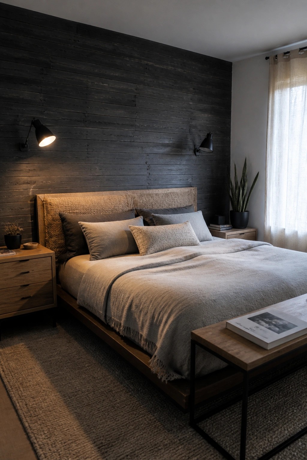 A bedroom with a full dark wooden plank accent wall behind a bed dressed in neutral linens and pillows, lit by two black wall sconces.