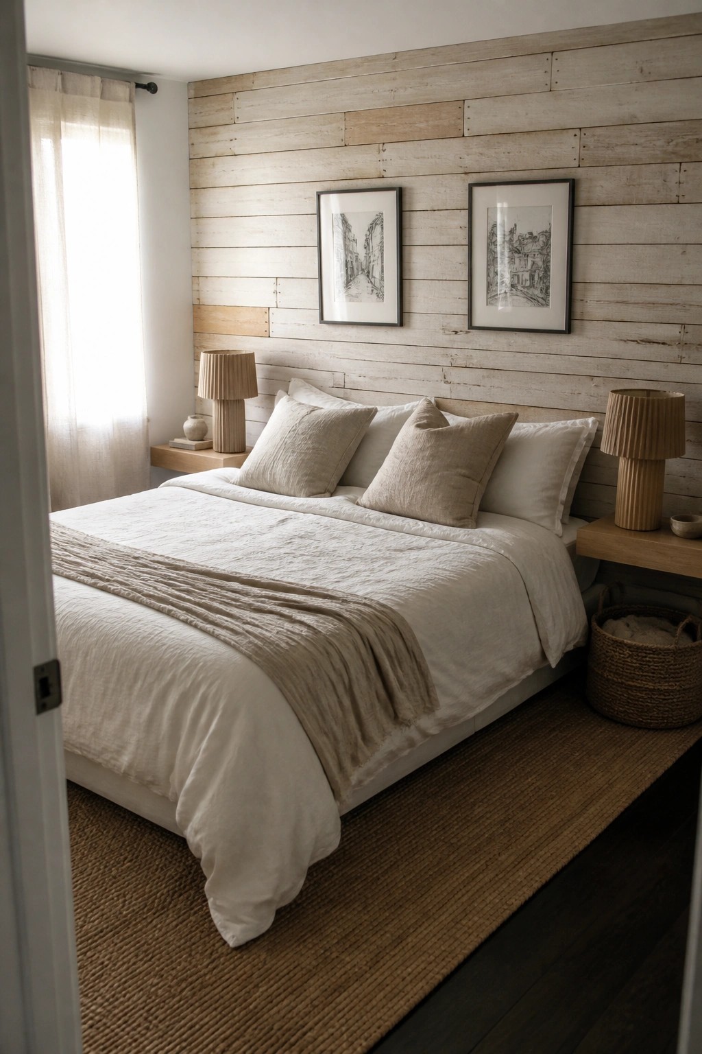 Bed with white linens and beige pillows against shiplap wall with framed art.