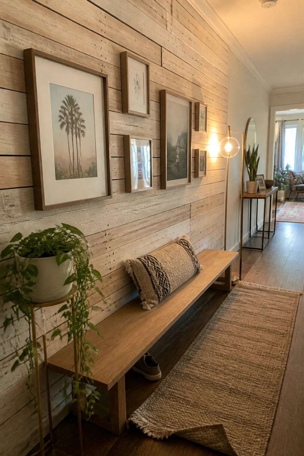 A light wood plank accent wall holds a collection of framed artworks above a wooden bench in a hallway.