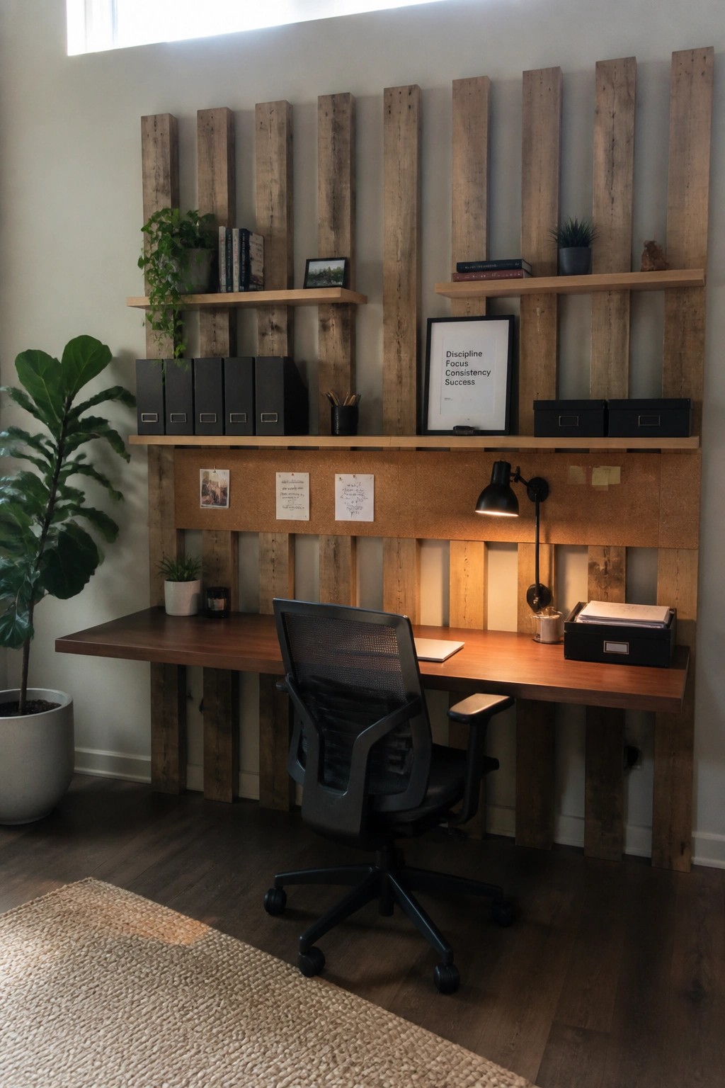 Modern wooden desk with black office chair, wall shelves, plants, and corkboard accents.