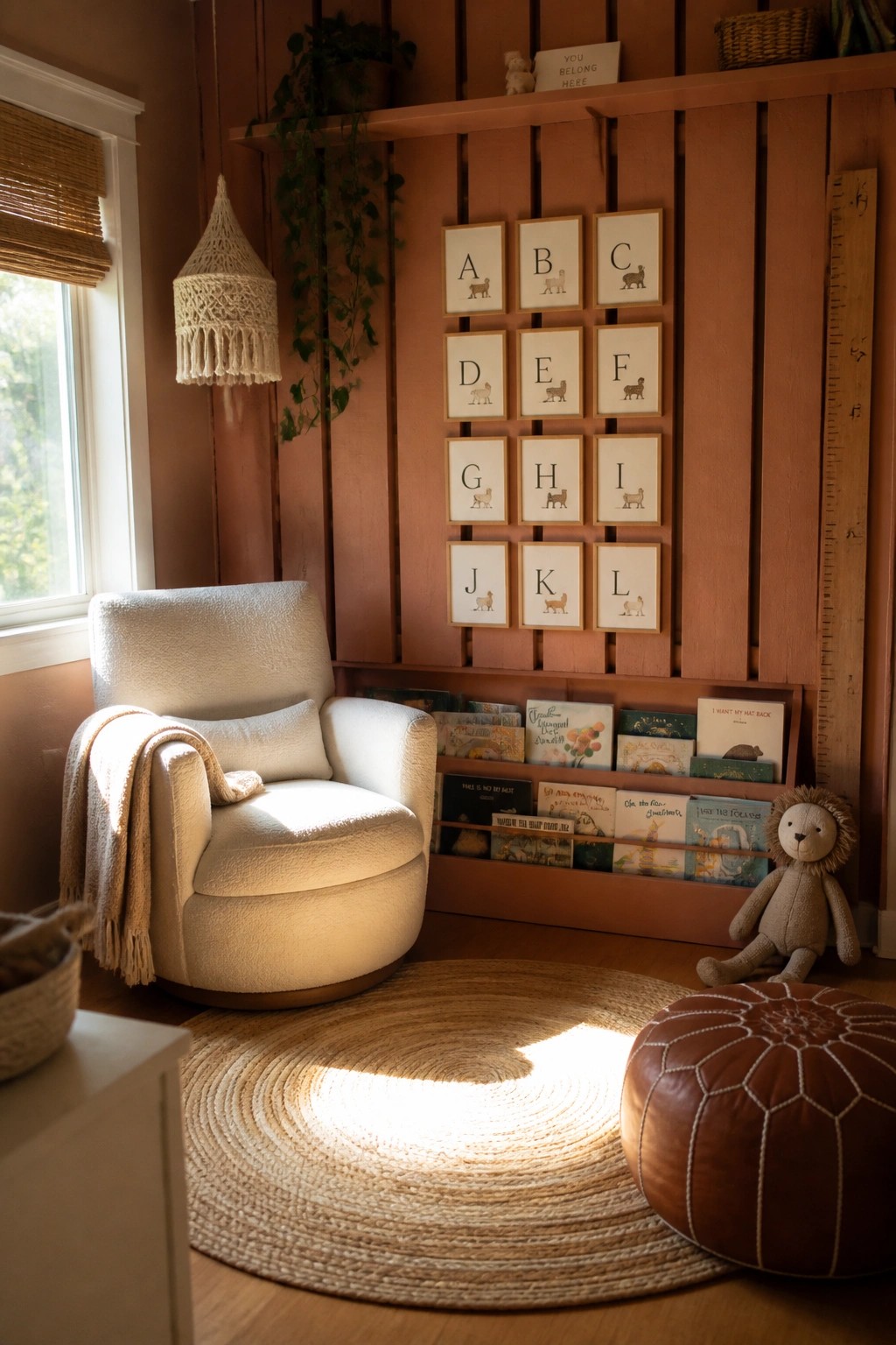 Interior corner with a white armchair on a round woven rug, terracotta vertical wood slats on the wall holding framed alphabet prints above a low built-in shelf of children’s books, and a brown leather pouf with a stuffed lion nearby.