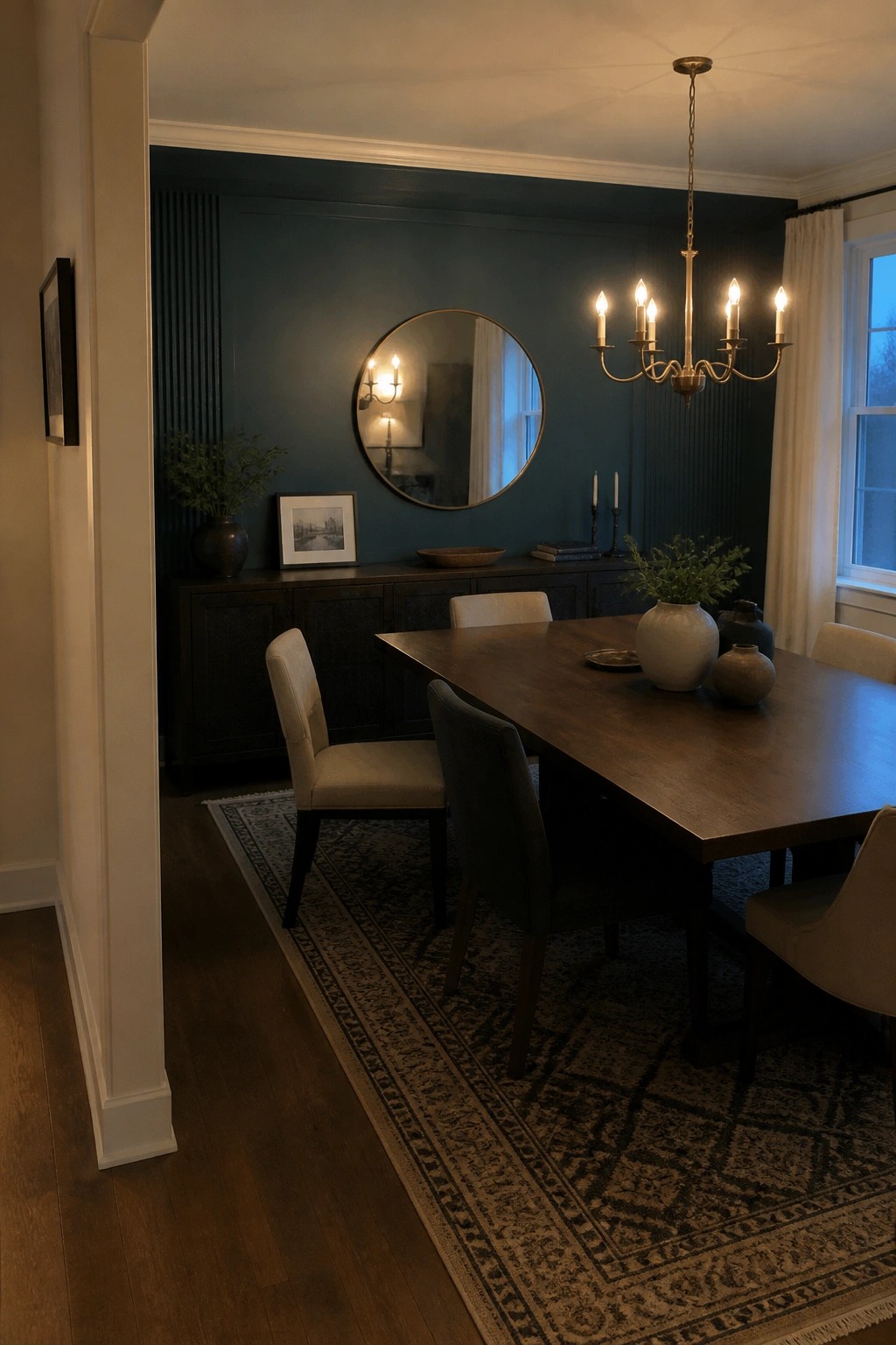 Elegant dining room with dark wood table, brass chandelier, and round mirror on teal wall.